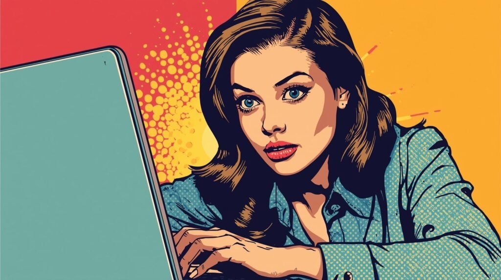 Pop art woman focused on laptop, vibrant comic style illustration.