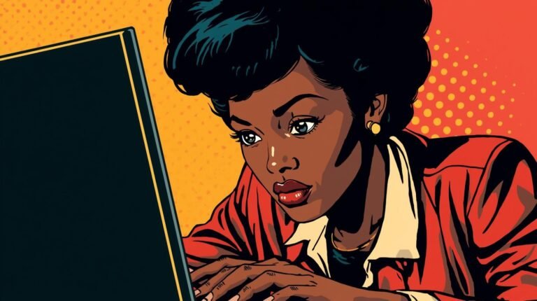 How to Check Your Digital Footprint (Complete OSINT Guide) 🧬 2 Pop art: Focused woman at laptop, intense expression, vibrant colors, and dynamic background.