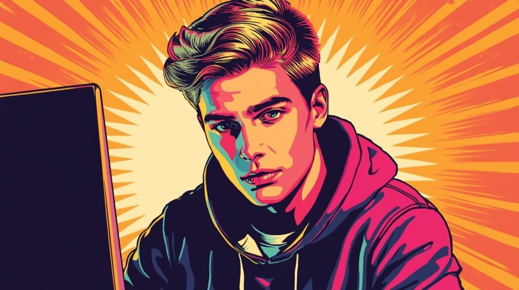 Pentesting Linux Distros for Beginners: What No One Warns You About 🧠 4 Pop art illustration of a young man in colorful hoodie, sitting in front of computer screen.