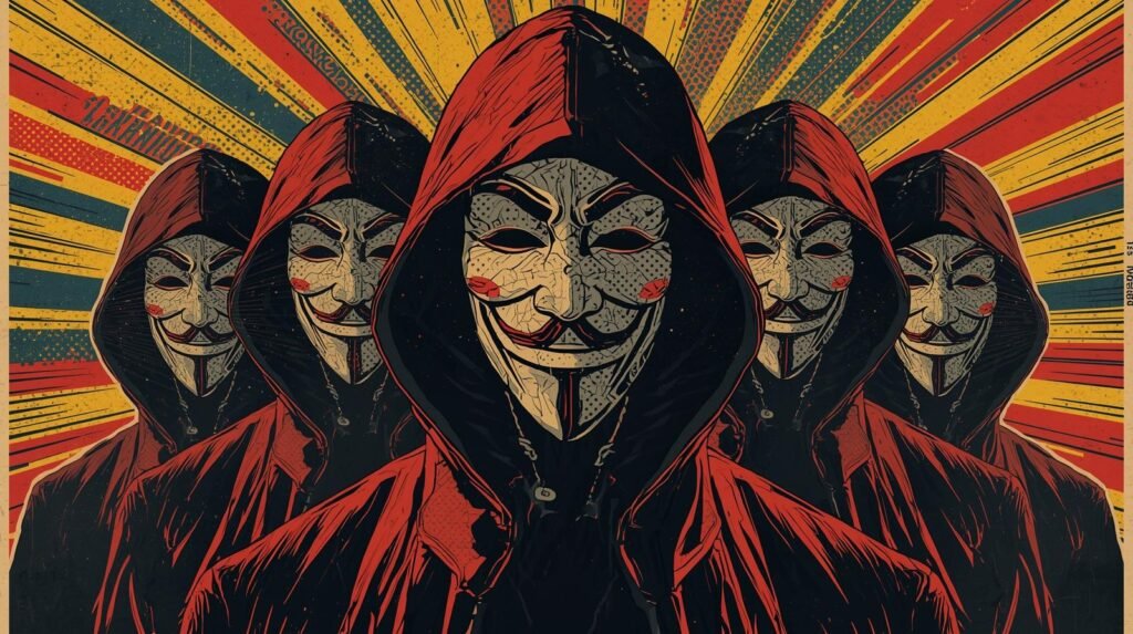 Masked figures in red hoods, vibrant revolutionary backdrop, symbolizing protest and unity.