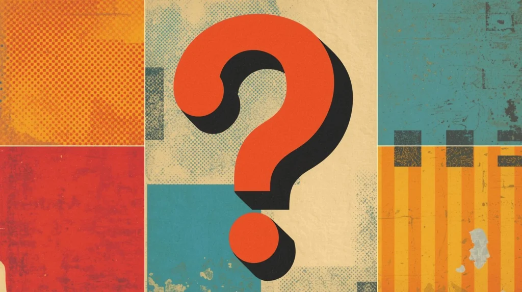 Retro orange question mark with vintage patterns and textures background.