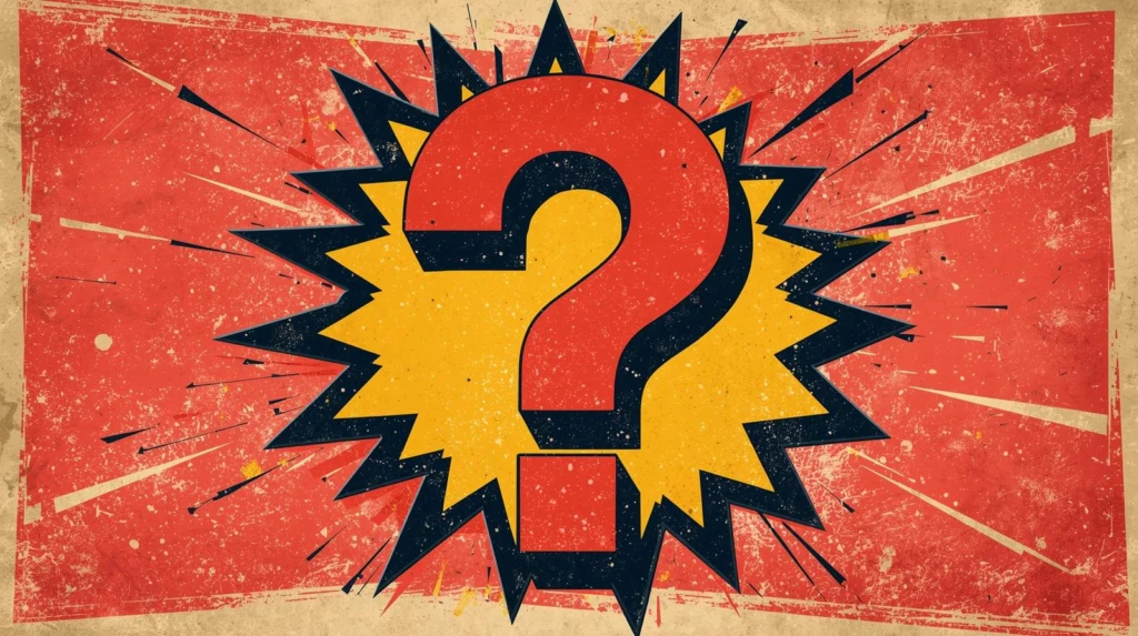 Retro red question mark with explosive yellow starburst on a distressed vintage background.