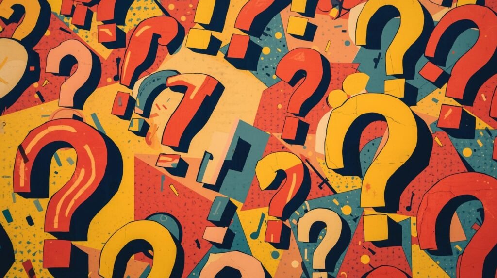 Colorful 3D question marks on abstract geometric background in primary colors.
