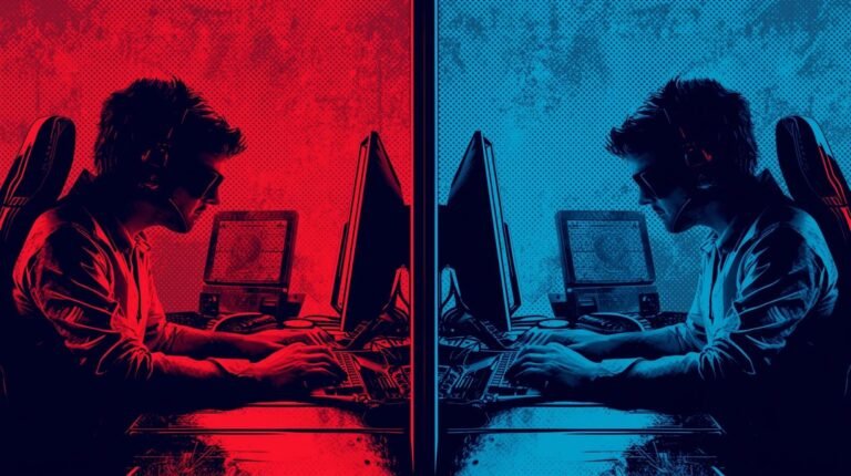 Competitive gaming illustration: red and blue players facing off with headsets and computers.