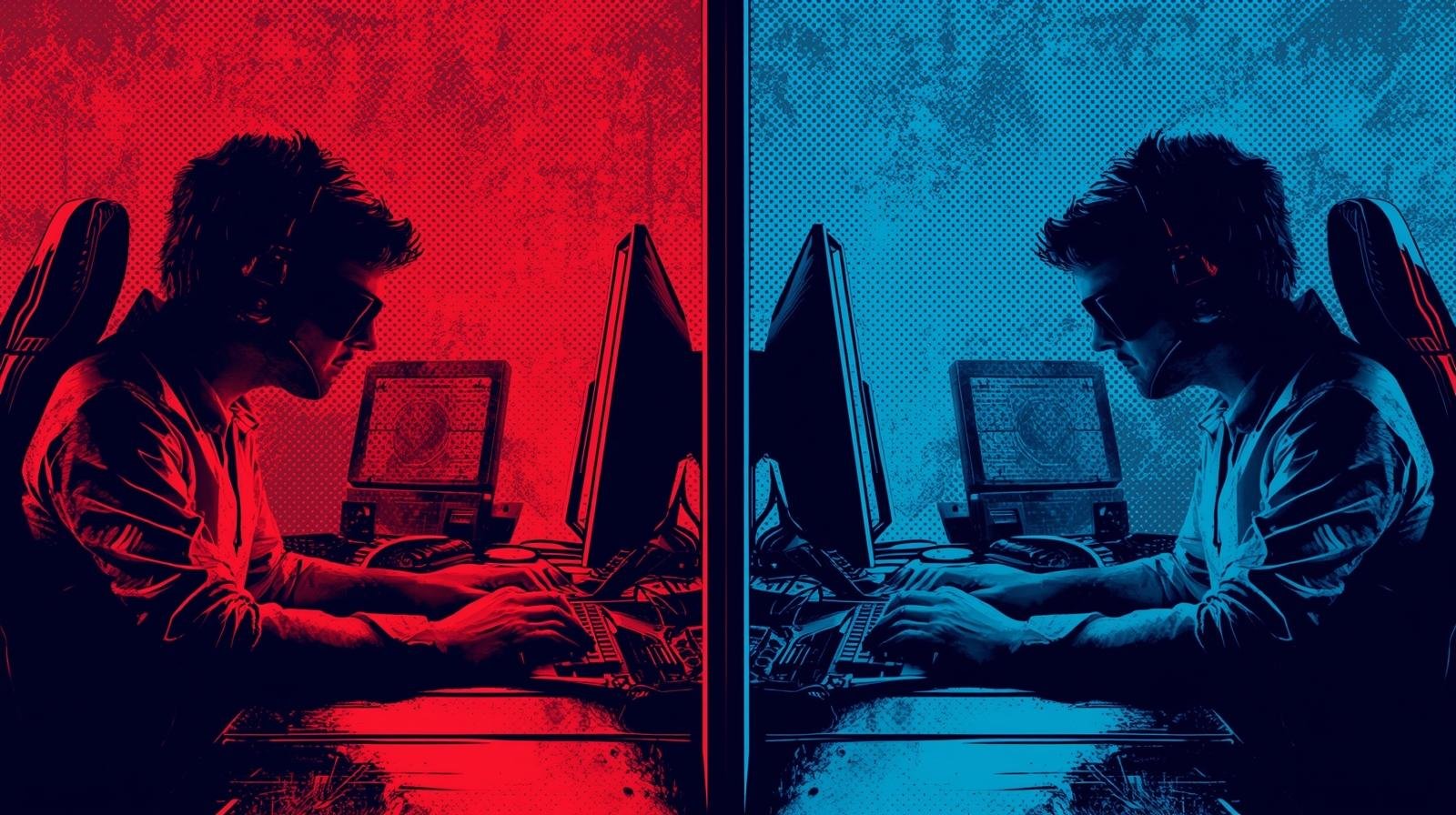 Red Team vs Blue Team Lab Setup at Home 🛡️ 1 Competitive gaming illustration: red and blue players facing off with headsets and computers.