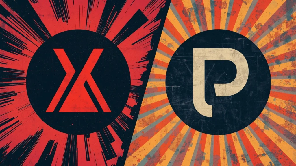 Retro emblem contrast: bold red X versus rustic P in dynamic vintage style.