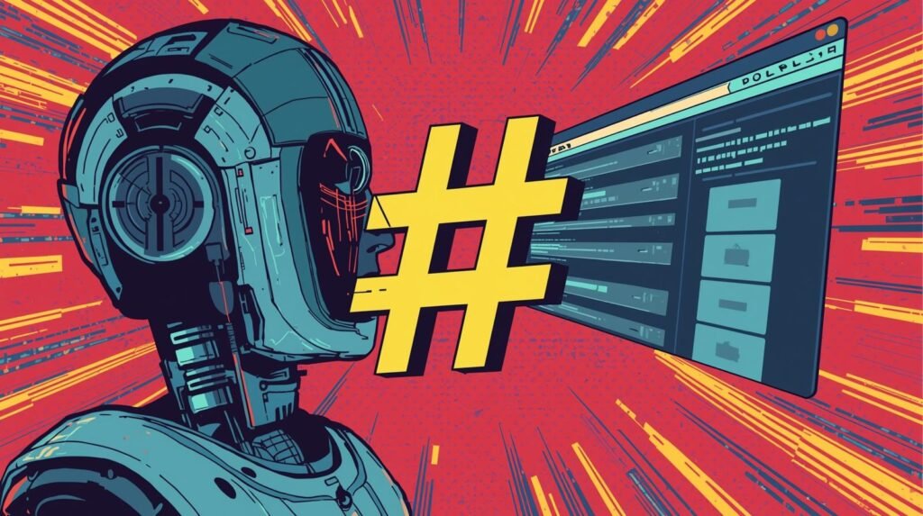 Futuristic robot interacting with digital interface, technology, AI, and hashtag symbol.