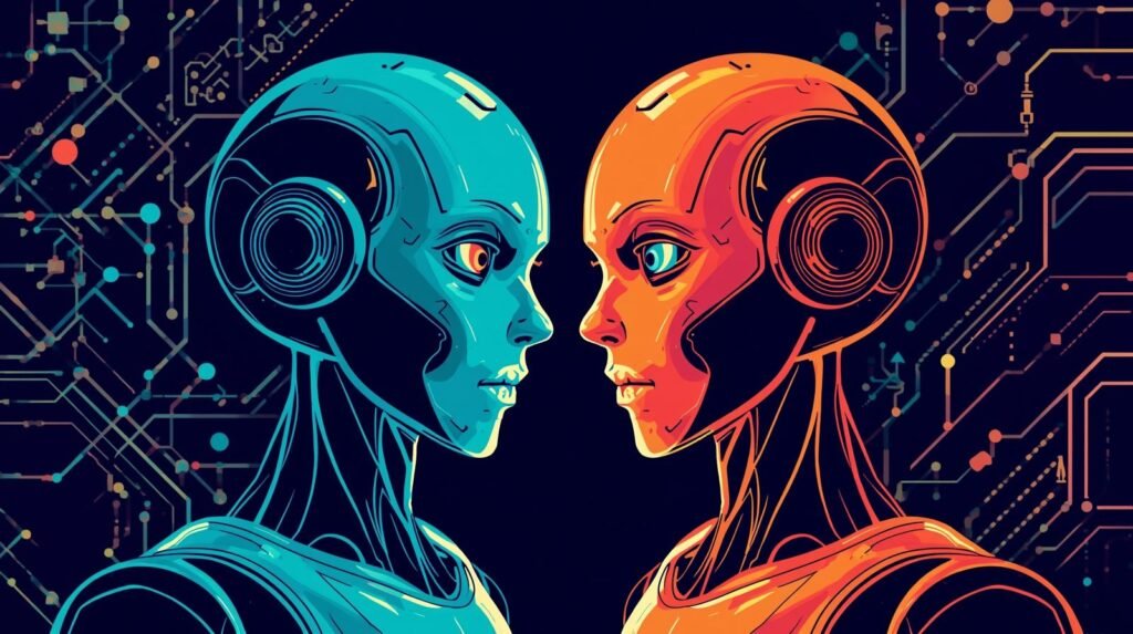 Robin AI vs DarkBERT: Which Dark Web AI is Better? 🧩 5 Two humanoid robots face each other, symbolizing duality and technological advancement.