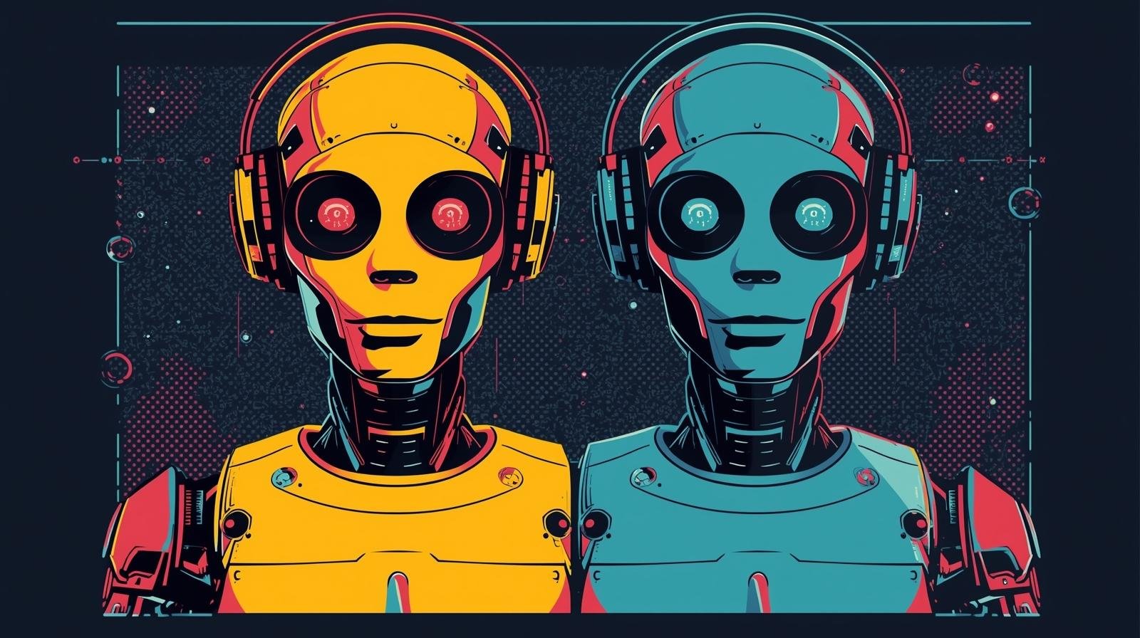 Robin AI vs DarkBERT: Which Dark Web AI is Better? 🧩 1 Humanoid robots: yellow and blue designs, detailed expressions, futuristic technology, symmetrical aesthetics.
