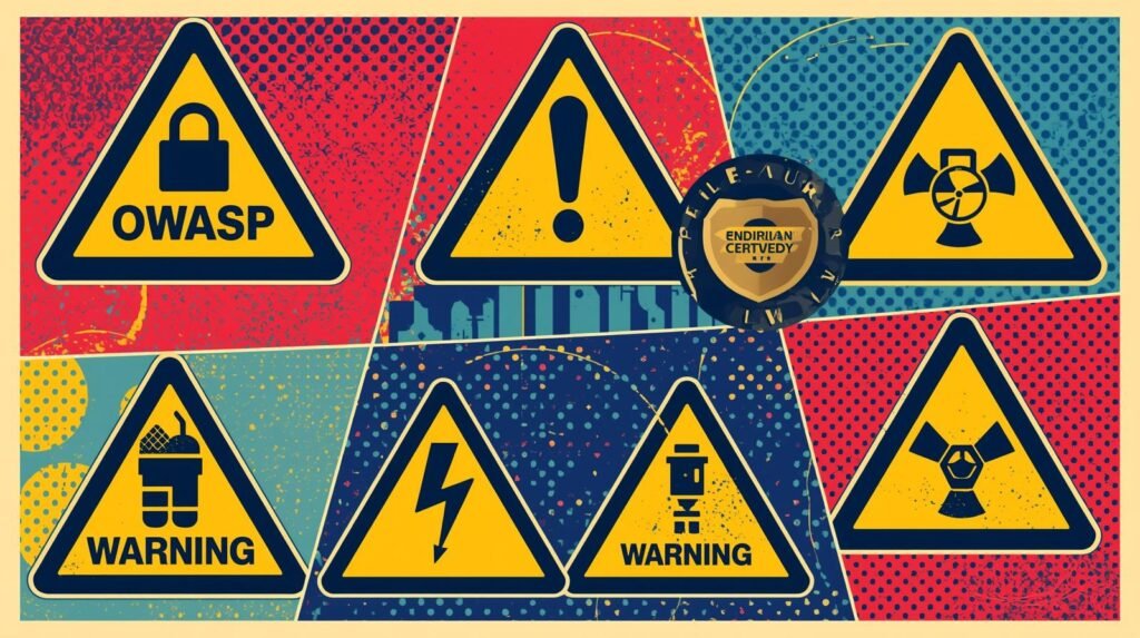 OWASP Top 10 Cybersecurity: 7 Dangerous Security Shifts Reshaping Defence 🧭 3 Pop art safety signs collage featuring cybersecurity, hazard, and caution icons.