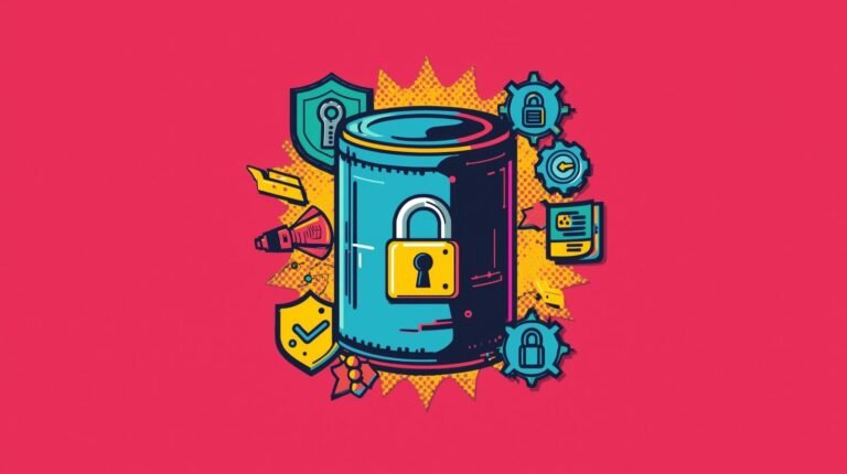 Cybersecurity illustration with digital vault, padlock, and security icons on a vibrant background.