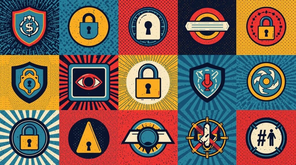Security and privacy icons grid showcasing protection themes with bold colors.