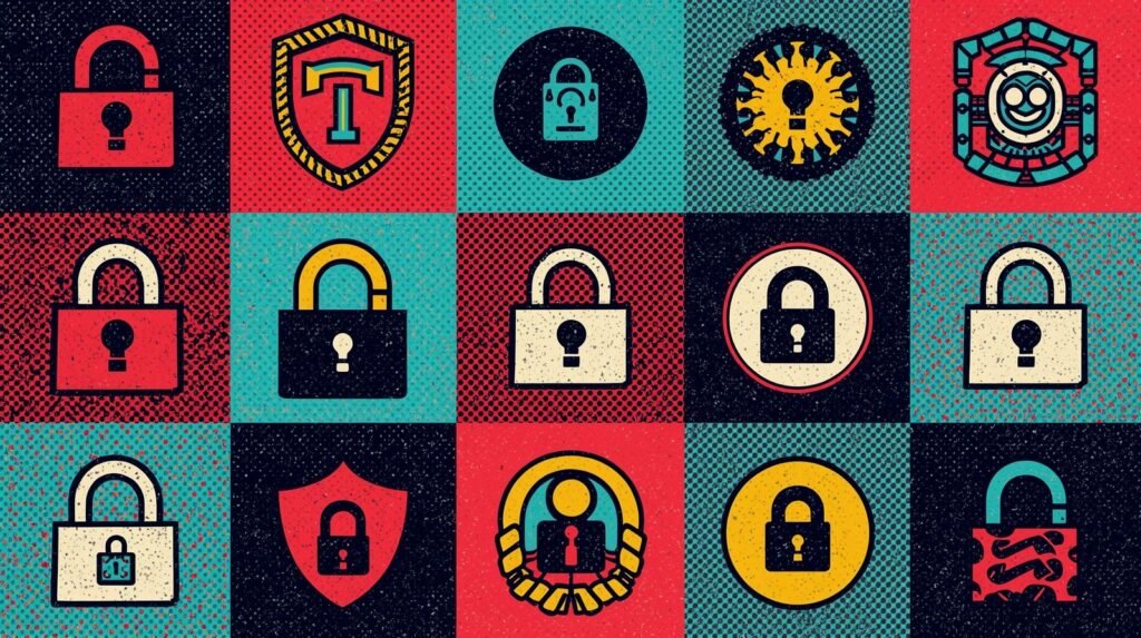 Pop art mosaic with colorful security icons, including locks and shields, symbolizing protection.