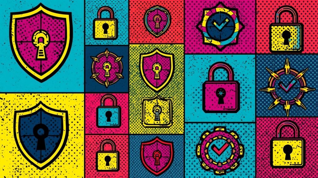 Colorful security-themed collage with shields, padlocks, and checkmarks symbolizing protection and authentication.