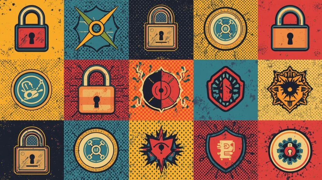 Container Security Explained: How to Secure Docker, Kubernetes & Serverless 🧬 4 Vintage comic-style security emblem grid with locks, shields, and abstract symbols in vibrant colors.