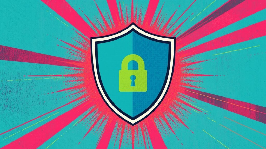Modern shield and padlock symbolizing cybersecurity with vibrant rays and textured teal background.