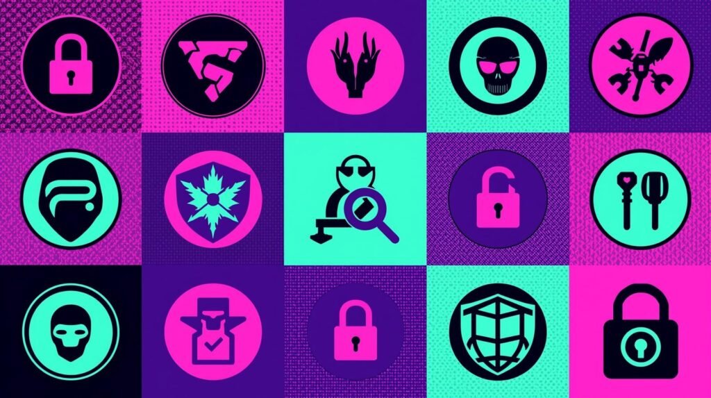 Vibrant 4x4 grid of security icons: locks, skulls, and abstract shapes on colorful backgrounds.
