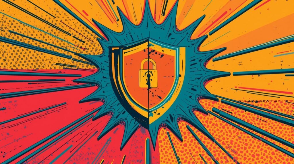 Pop-art shield illustration emphasizing cybersecurity and protection with vibrant colors.