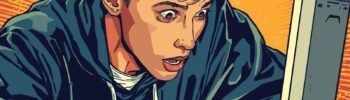Young man shocked at computer screen, pop art style, vibrant background.