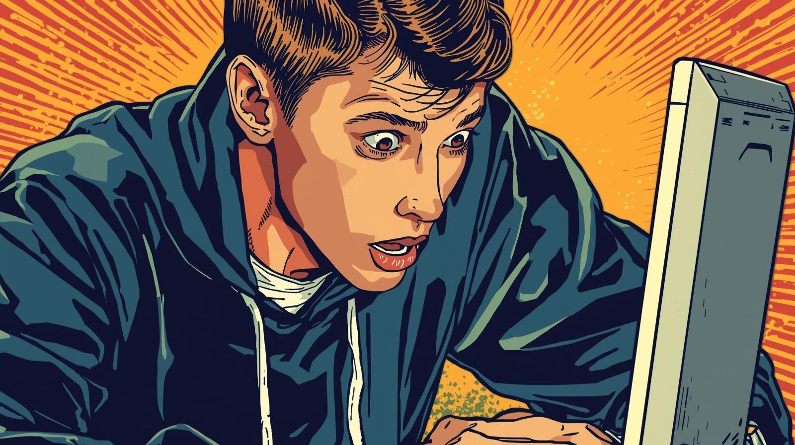 Why Your Kali VM Is Not Isolated (And How to Fix It Safely) 🧨 1 Young man shocked at computer screen, pop art style, vibrant background.