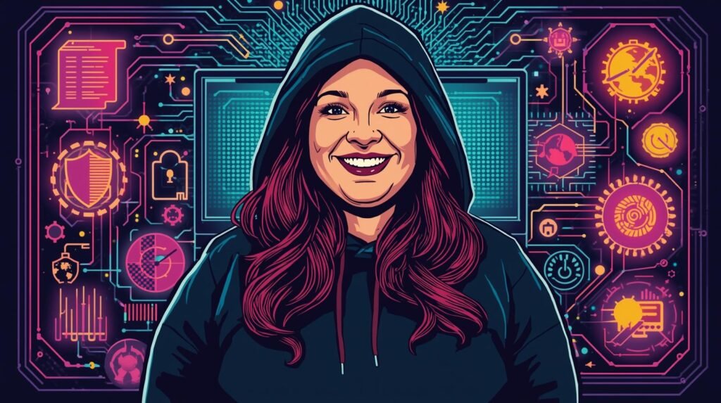 Secure Ethical Hacking Lab Architecture: How I Built 7 Defensive Layers After 100+ Posts 🧠 7 Smiling hacker in neon hoodie amidst cybersecurity-themed digital art.