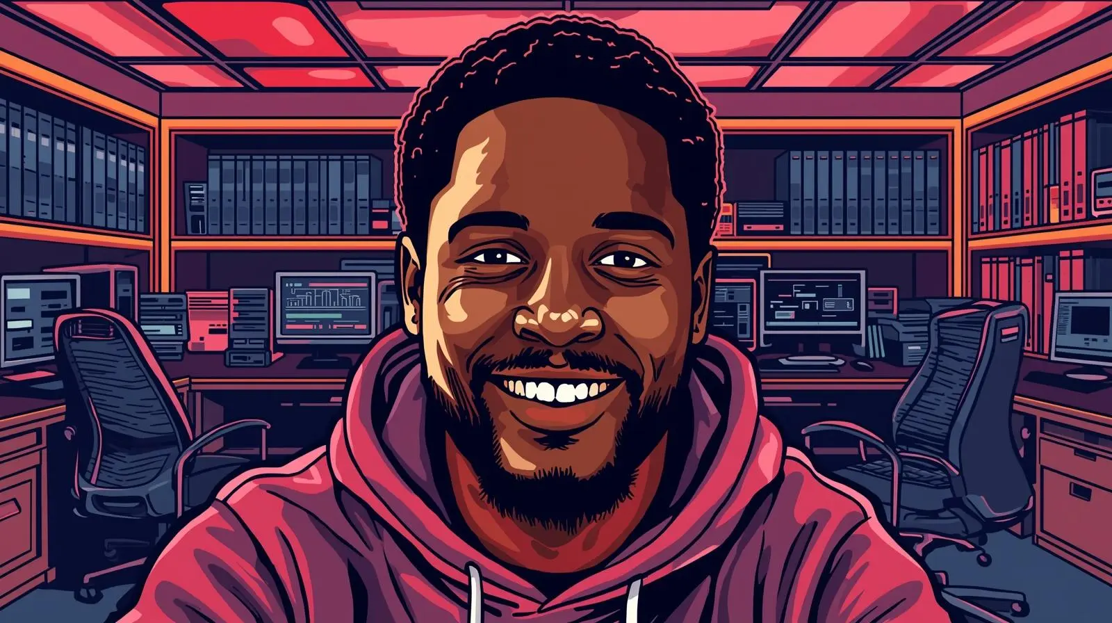 Smiling man in pink hoodie in tech office with computers and books.