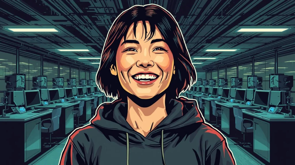 Person smiling in modern tech office, high-tech setting with computers and monitors.