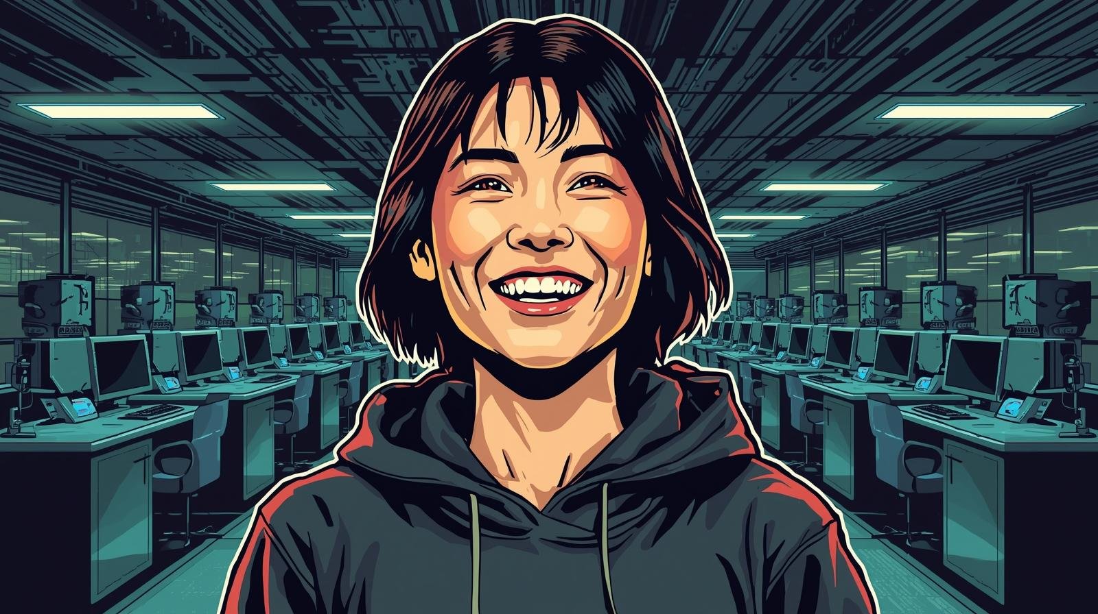 Person smiling in modern tech office, high-tech setting with computers and monitors.