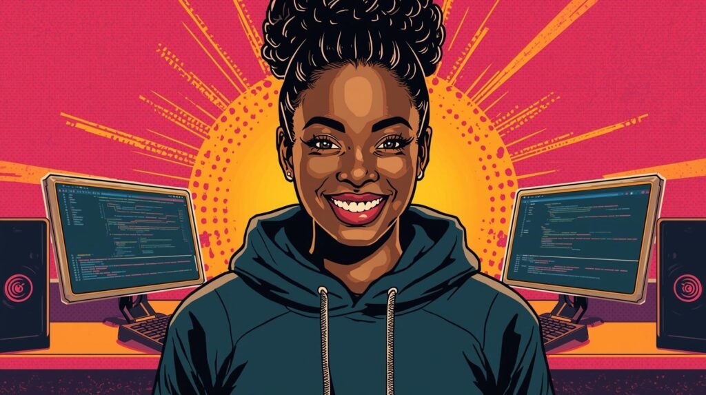 How to Segment a Home Cybersecurity Lab Safely 🧱 3 Smiling female tech developer in vibrant workspace with code-filled monitors and dynamic sunburst background.