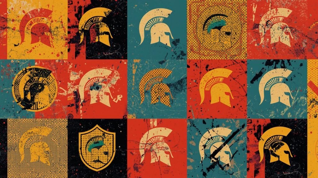 Vibrant Spartan helmet collage with colorful patterns and textures in a grid.
