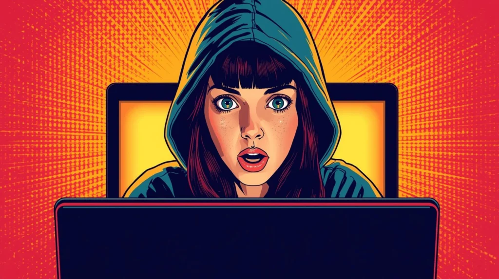 Surprised woman in hoodie looking at laptop, comic style pop art illustration.