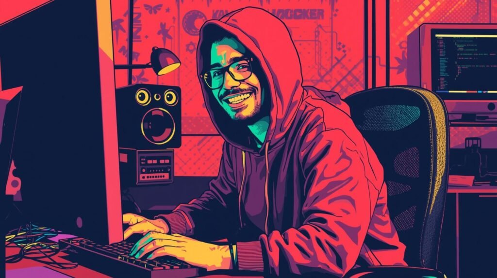 Tech-savvy person coding at colorful computer workspace with speakers in pop-art style.