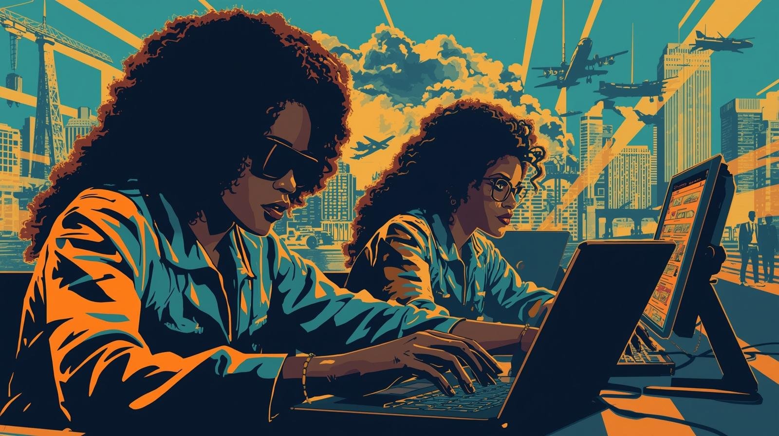 Women working with laptops in vibrant urban cityscape, signifying technology and empowerment.