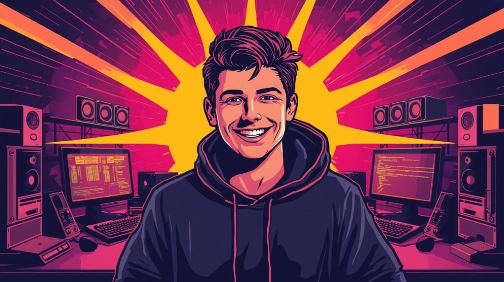 Young man in vibrant tech environment, coding, wearing a hoodie; dynamic digital illustration.