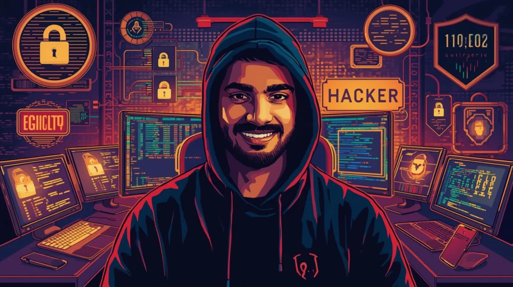 Hacker in hoodie with computer screens, coding, cybersecurity icons, digital network backdrop.