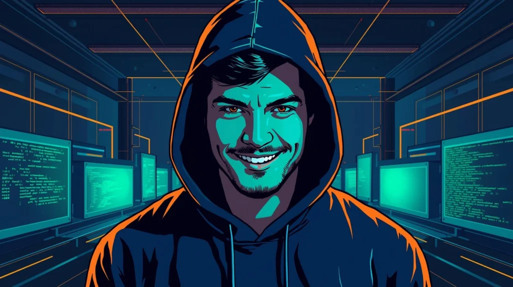 Hacker in hooded sweatshirt in high-tech computer lab with glowing monitors.