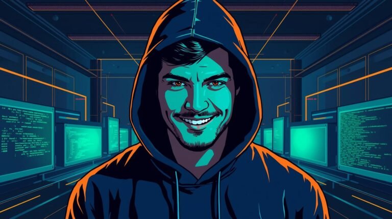 Hacker in hooded sweatshirt in high-tech computer lab with glowing monitors.