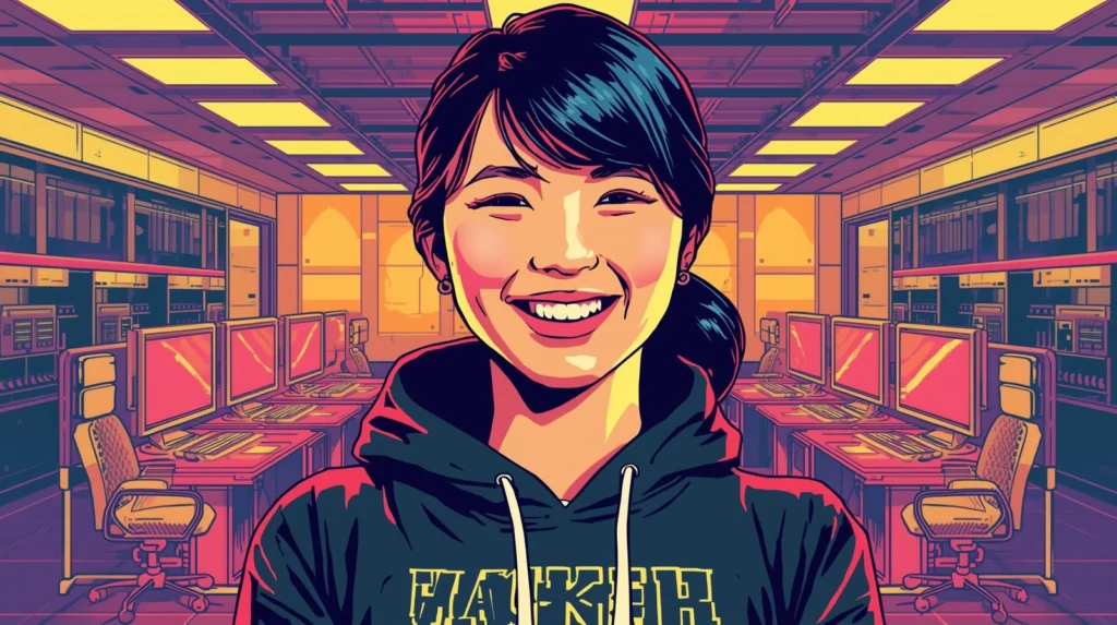 Home Cybersecurity Lab Logging: What Most Labs Never Record 🧪 5 Young woman in a tech hoodie smiling in a vibrant futuristic computer lab.