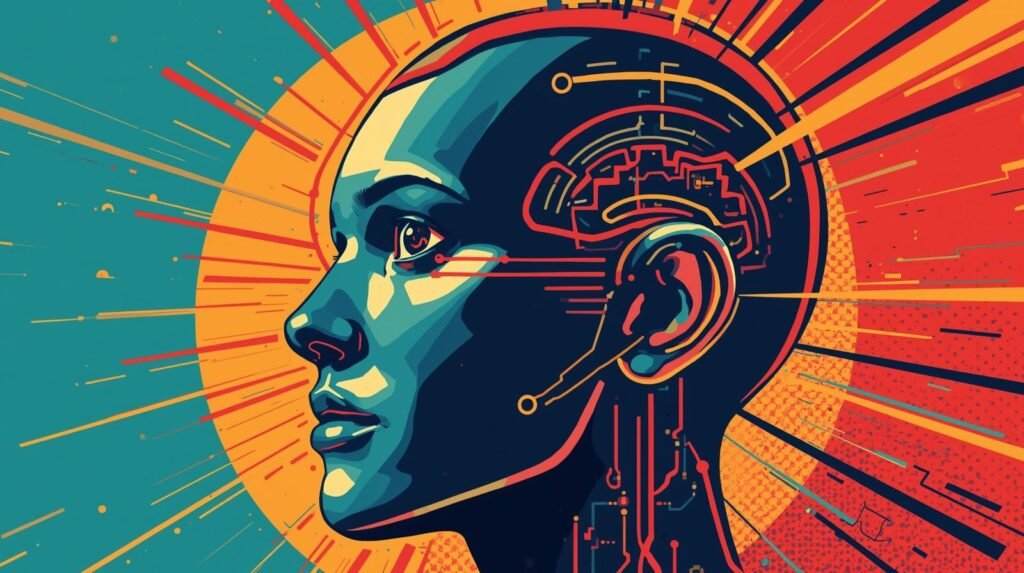 Futuristic human-machine hybrid with vibrant colors, AI elements, and dynamic design.