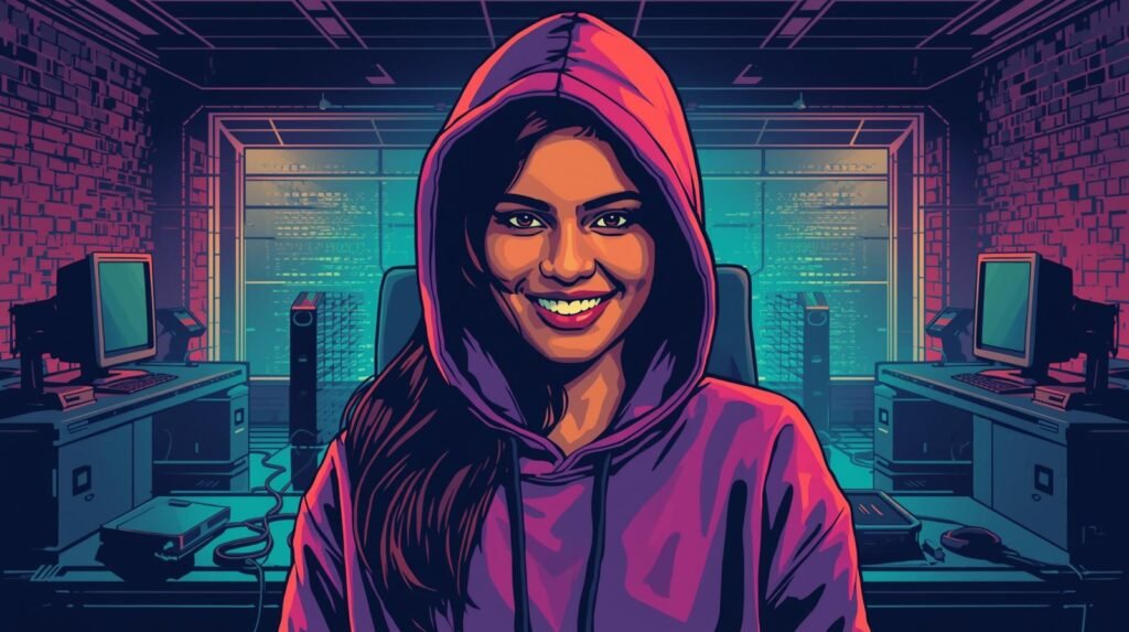 How to Segment a Home Cybersecurity Lab Safely 🧱 6 Young woman in a tech environment, purple hoodie, confident smile, monitors, vibrant colors.