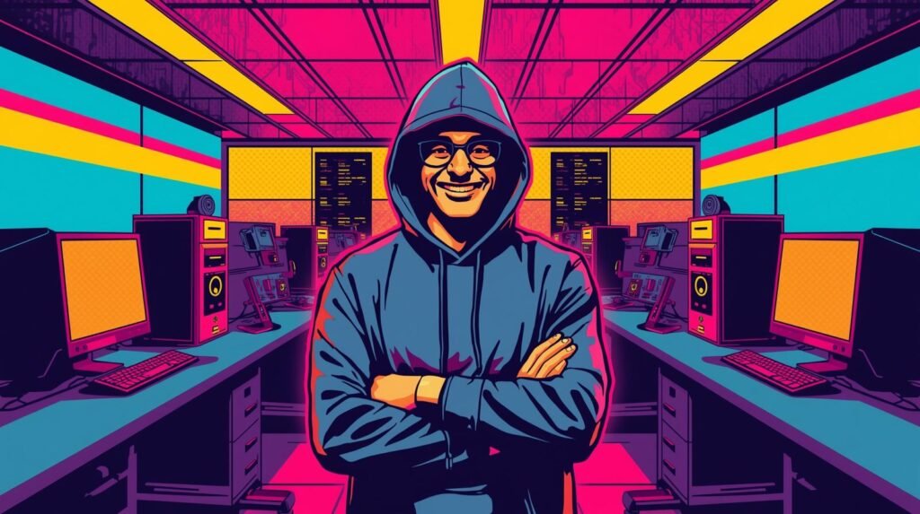 Tech expert in futuristic control room, neon colors, digital screens, confidence, cyberpunk aesthetic.