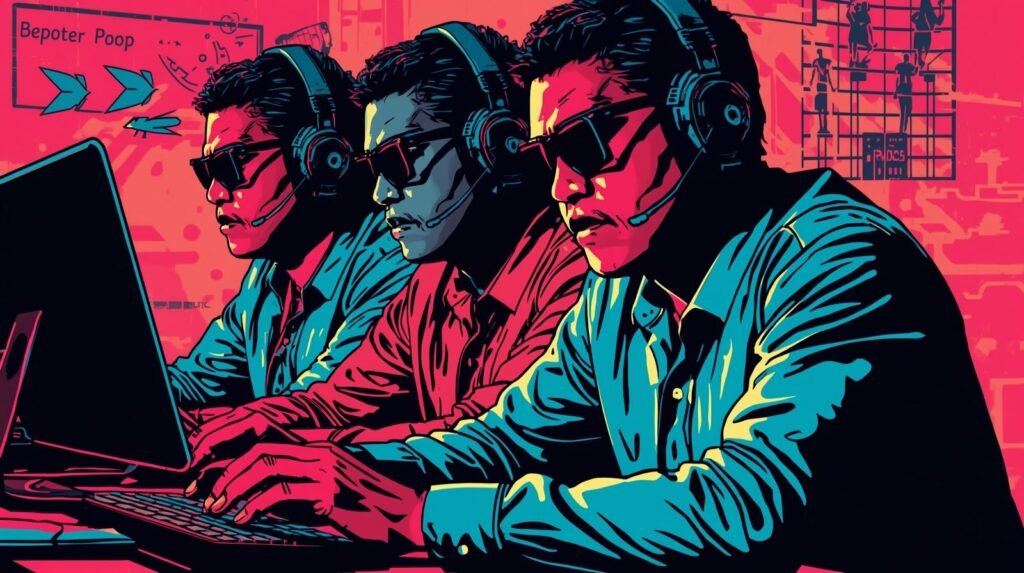 Tech team collaboration: men in sunglasses work on laptops in vibrant, dynamic pop-art style.