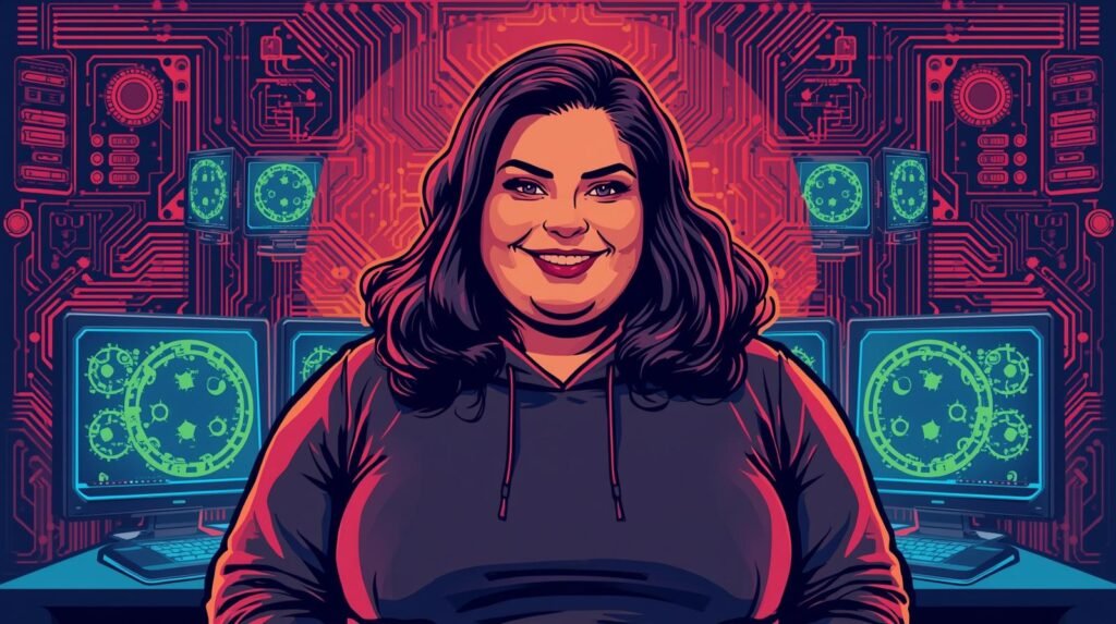 Confident woman in hoodie amidst vibrant, futuristic digital background with tech elements.