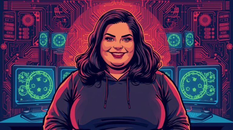 Home Cybersecurity Lab Logging: What Most Labs Never Record 🧪 2 Confident woman in hoodie amidst vibrant, futuristic digital background with tech elements.