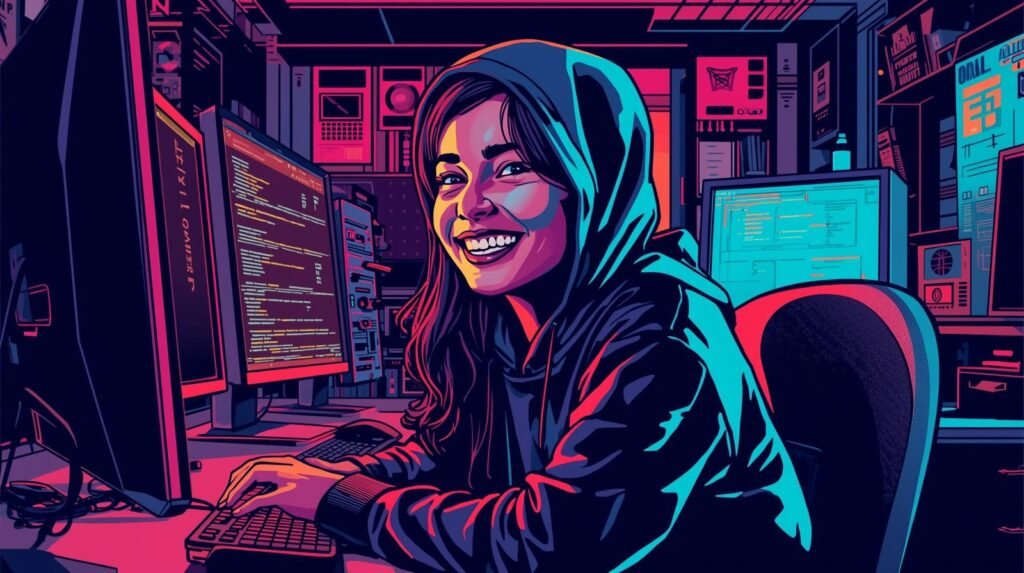 Home Cybersecurity Lab Logging: What Most Labs Never Record 🧪 4 Cyberpunk woman coding in a futuristic, neon-lit tech workspace.
