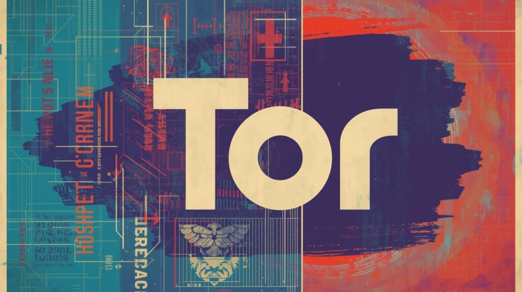 Tor artwork featuring bold letters and tech-inspired designs, symbolizing online privacy and security.