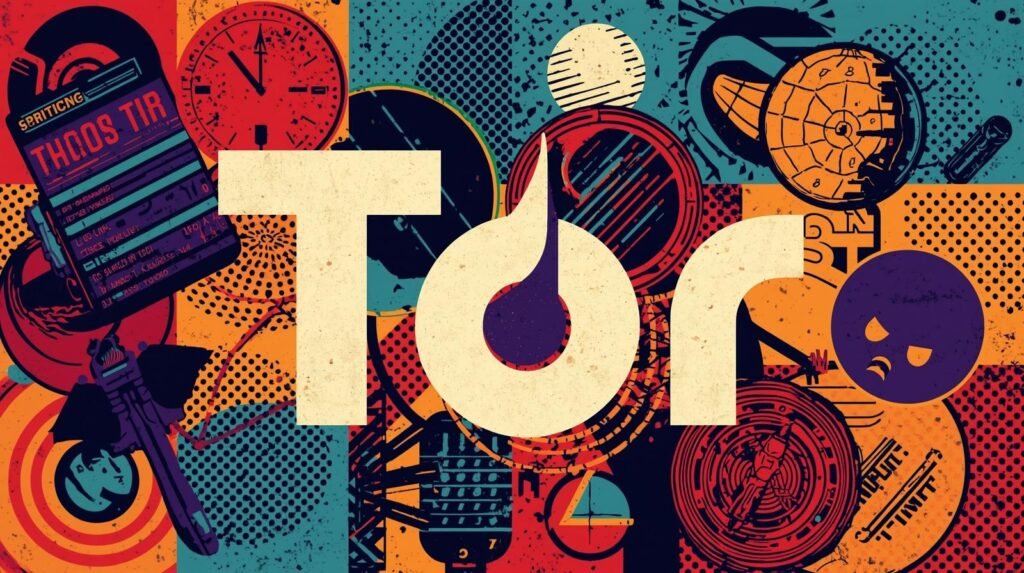 9 Tor Browser Mistakes That Destroy Anonymity 🕳️ 5 Stylized Tor graphic with retro, abstract elements, cosmic motifs, and vibrant geometric background.
