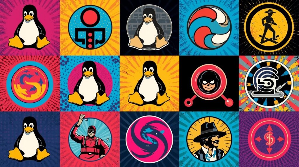 Colorful Linux Tux collage with dynamic patterns, popular culture icons, and abstract designs.