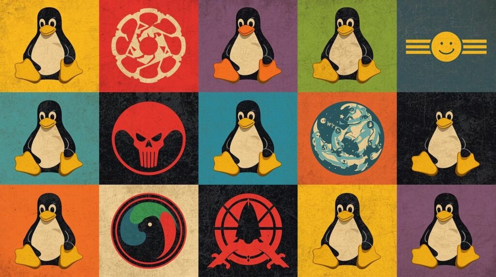 Vintage collage featuring Tux the Linux penguin and abstract technology icons.