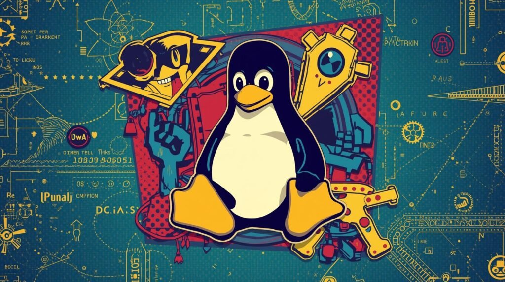 Linux Tux penguin with robotic figures and technical blueprint background.